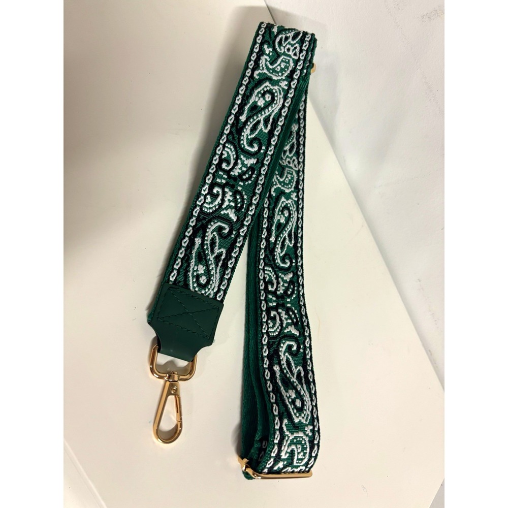 Embroidered Paisley Handbag Strap Adjustable Detachable Gold Tone Clips Green